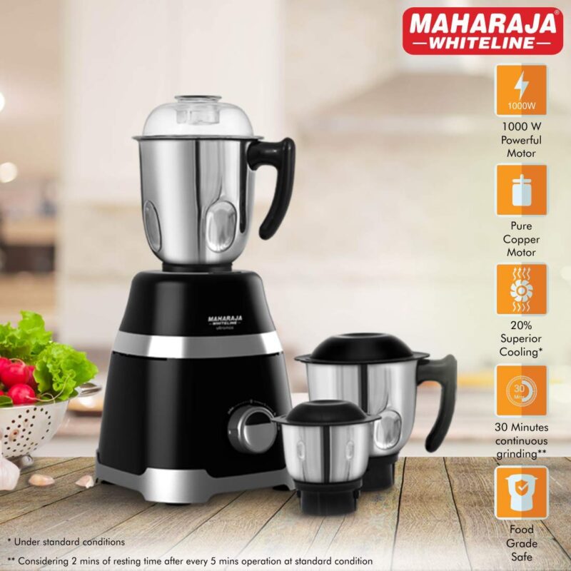 Maharaja Whiteline 1000 W Ultramax HD Mixer Grinder with3 Stainless Steel Jars | Copper Motor | Food Grade Safe | Superior Cooling | 5 Year Motor Warranty- MX-220 (Black with Chrome Finish) - Image 5