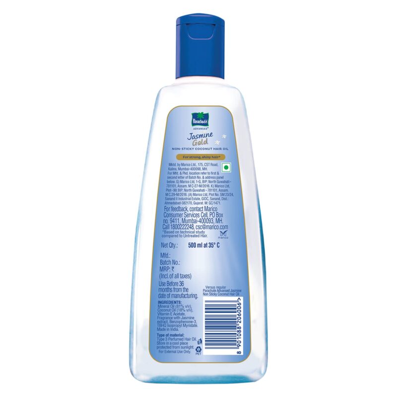 Parachute Advansed Jasmine Gold Coconut Hair Oil With Vitamin-E For Super Shiny Hair, Non-sticky, 500ml - Image 2