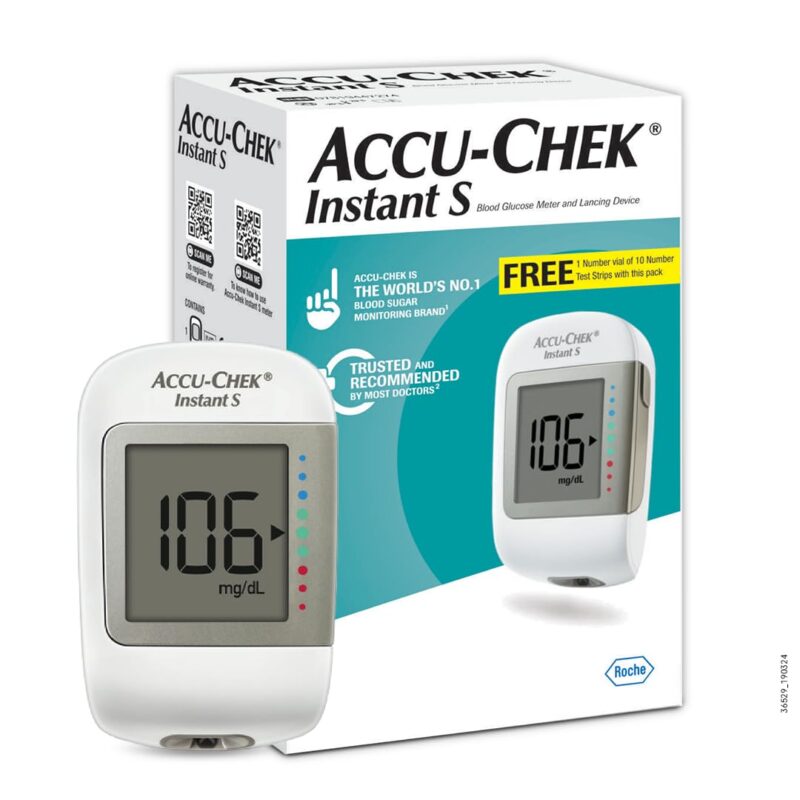 Accu-Chek Instant S Blood Glucose Glucometer Kit with Vial of 10 Strips, 10 Lancets and a Lancing Device Free for Accurate Blood Sugar Testing