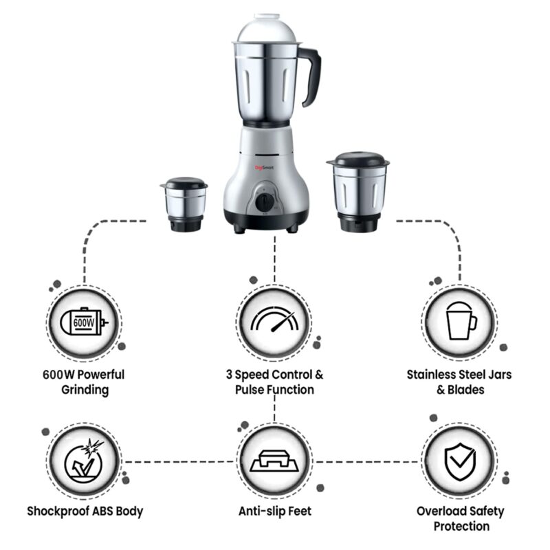 DigiSmart Kitchen Mate 600 Watt Mixer Grinder Gray and Black | 3 Jar | Comes With 2 Year Warranty - Image 3