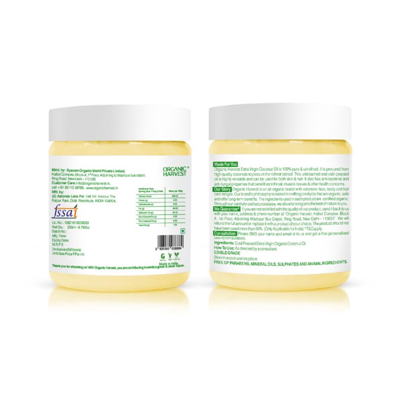 Organic Harvest Extra Virgin Organic Coconut Oil: 100% Pure | For Hair & Skin, Coconut Virgin Oil for Baby Massage, 100% American Certified Organic, Paraben & Sulphate-free, 200ml - Image 2