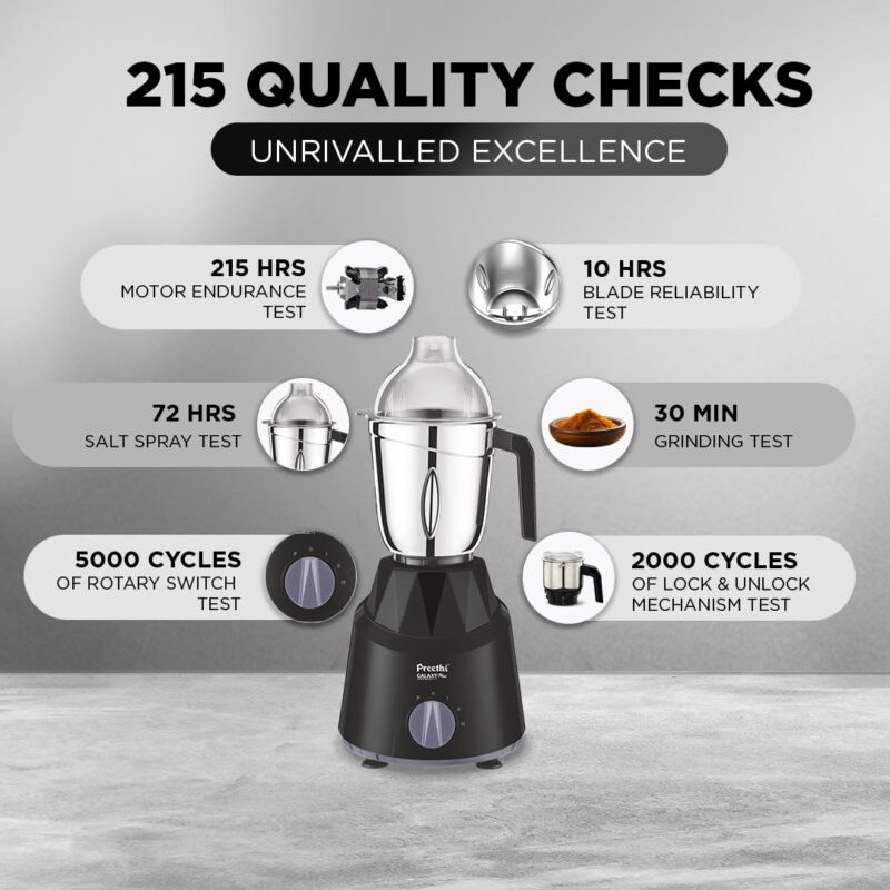 Preethi Galaxy Plus Mixer Grinder for Kitchen - 4 Jars 750 Watt Mixie (3 Stainless steel Jars+1 Super Extractor Juicer Jar), Flexi lids, Vega W5 motor, Black (MG-250) - Image 5
