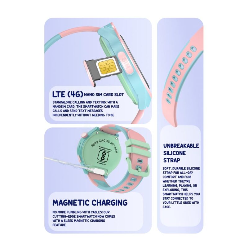 Spiky Cacus 4G Calling Multi-UI IPX7 Waterproof Kids Smartwatch | Rotatable Menu Dial,GPS Tracking, Video Call, Calling Watch, Games, Geo-Fencing, SOS | Best for Kids Girls & Boys 4-12 Years | Pink - Image 2