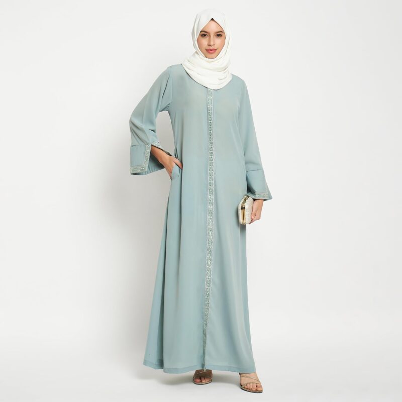 Nabia Embroidery Work Solid Women Sea Green Abaya Burqa With Side Pockets - Image 4