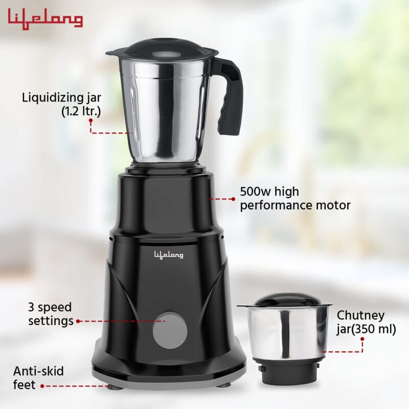 Lifelong Duos 500 Watt 2 Jar Mixer Grinder with 3 Speed Control and 1100 Watt Dry Non-Stick soleplate Iron Super Combo (Black, 1 Year Warranty) - Image 4