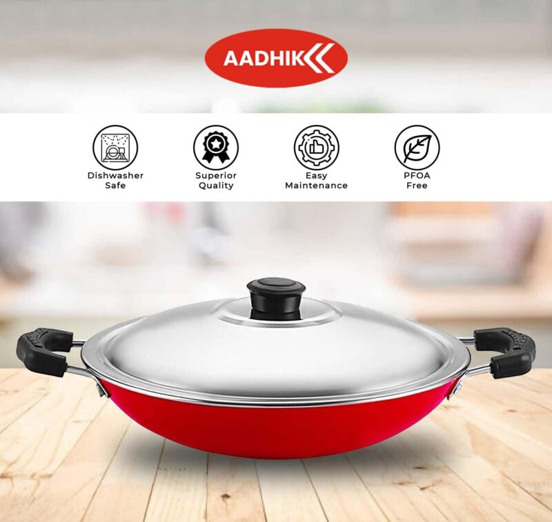 AADHIK Non-Stick Appa Chetty, Aluminium Appachatty, 23cm Diameter, 2.6mm Appachatti, Gas Compatible, Red - Image 3