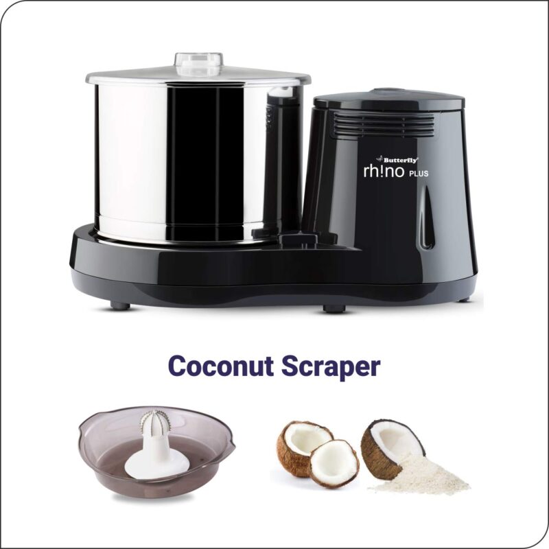 Butterfly Rhino Plus 2 Litres Table-Top Wet Grinder | 150 Watts | Shockproof ABS Body | Coconut Scrapper Attachment | Dough Kneader | Stainless Steel Drum | 2 Years Manufacturer's Warranty | Grey - Image 5