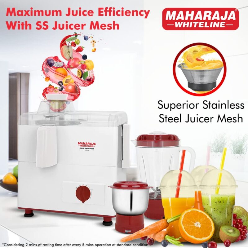 Maharaja Whiteline Gala Happiness Juicer Mixer Grinder with 2 Jars | Long Lasting Performance with 450 Watts| Food Grade Safe | High Grade Mesh for Efficient Juicing | 2 Year Warranty (White) - Image 4