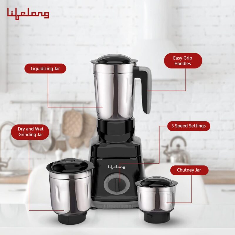 Lifelong LLMG76 750 Watt Mixer Grinder|3 Jars (Liquidizing, Wet Grinding and Chutney Jar)| Stainless Steel blades| 3-Speed & Pulse Function| Anti-Skid Feet| 1 Year Warranty (Black) - Image 6