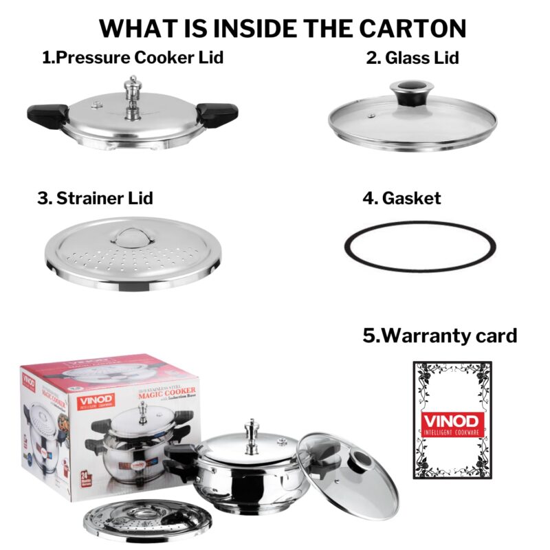 Vinod Magic Stainless Steel Smart 3 in 1 Pressure Cooker 3.5 Litre | 5mm Thick Base | All in One Cooker with Strainer & Glass Lid | Induction and Gas Base | ISI certified | 2 Years Warranty - Image 3