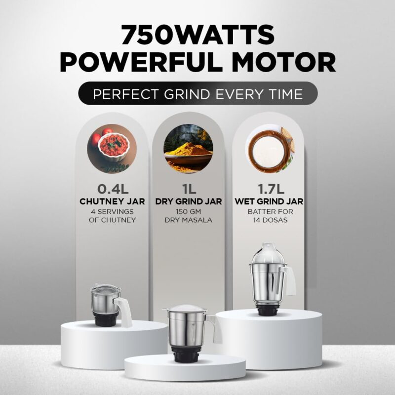 Preethi Popular Mixer Grinder for Kitchen | 750-Watt L-shaped Mixie, 3 jars | 5yr Motor Warranty & Lifelong Free Service| White (MG 142) - Image 6