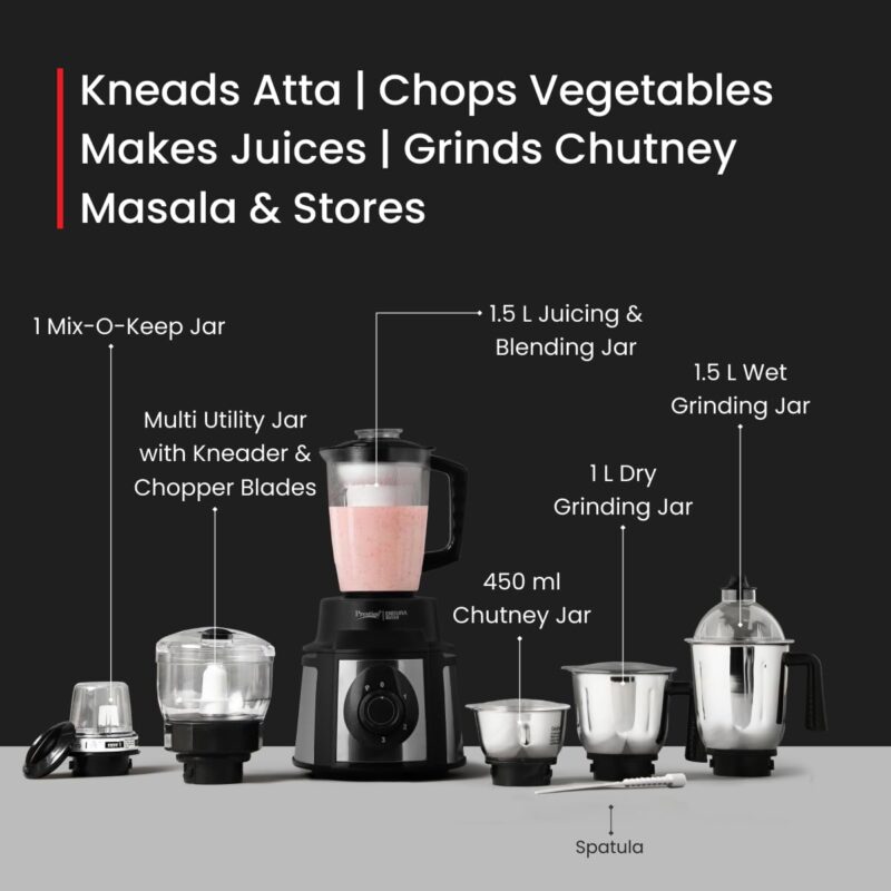 Prestige 1000 Watt Endura Mixer Grinder with 3 Stainless Steel Jar + 1 Juicer Jar, 1 Mix-O-Keep Jar, 1 Multi-utility Jar, Black |Sturdy Stainless Steel Body|7-Efficient Stainless Steel Blades - Image 3