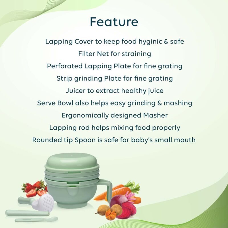 LuvLap 9 in 1 Baby Food Masher Mill, Food Grinder Cum Processor, with Multifunction Textured Mashing & Filtering Plates, with Serving Bowl (Light Green) - Image 4