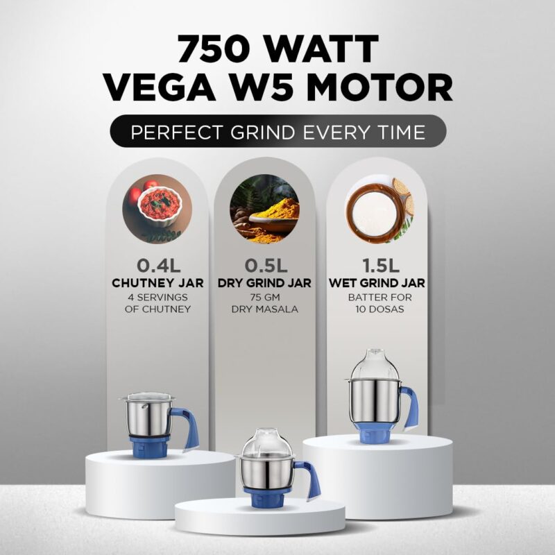 Preethi Blue Leaf Diamond MG-214 750 Watt Mixer Grinder with 3 Jars (Wet Grinding (1.5 litres) + Dry Grinding Jar (0.5 litre) + Chutney Jar (0.4 litre)Stainless steel), Blue/White - Image 6