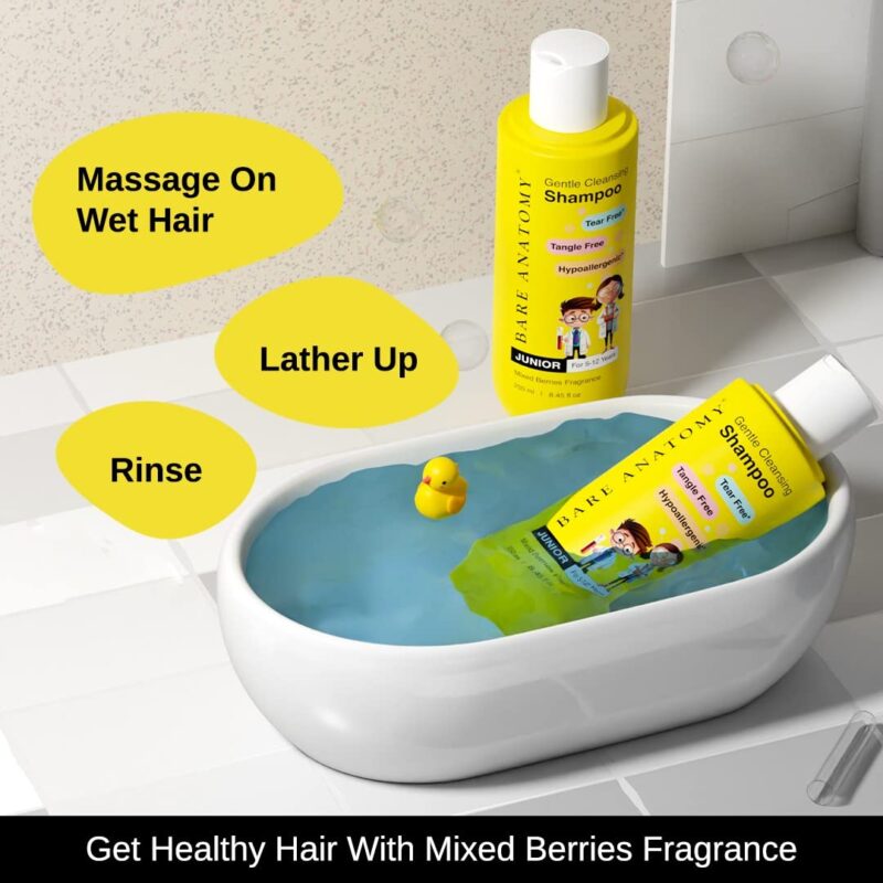 Bare Anatomy Junior Gentle Cleansing Shampoo For Kids from 5-12 Years | Tear-Free & Hypoallergenic pH 5.5 | Coconut Milk Protein, Almond Oil, Vitamin E & Strawberry | SLS & Paraben Free | Vegan -250ml - Image 3