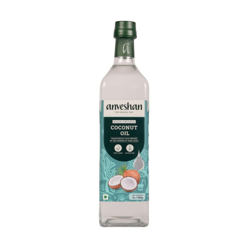 Anveshan Wood Pressed Coconut Oil - 1 Litre | Glass Bottle | Kolhu/Kacchi Ghani/Chekku | Natural | Chemical-Free | Coconut Oil for baby massage | Cold Pressed Coconut Oil for Cooking.