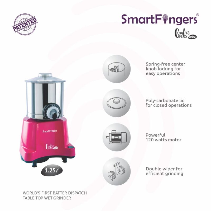 SmartFingers Comfort Plus Mini Table Top Wet Grinder 230V 50hz, 1.25 Liter, Pink - Image 4