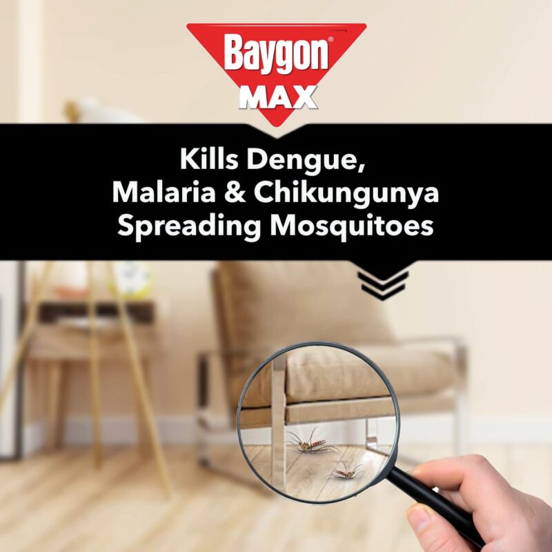 Baygon Max Mosquito and Fly Killer Spray, 400ml | Lime Fragrance | Instant Mosquito Repellent | Kills Dengue & Malaria Spreading Mosquitoes | With Double Nozzle Technology for 30% Wider Coverage - Image 5