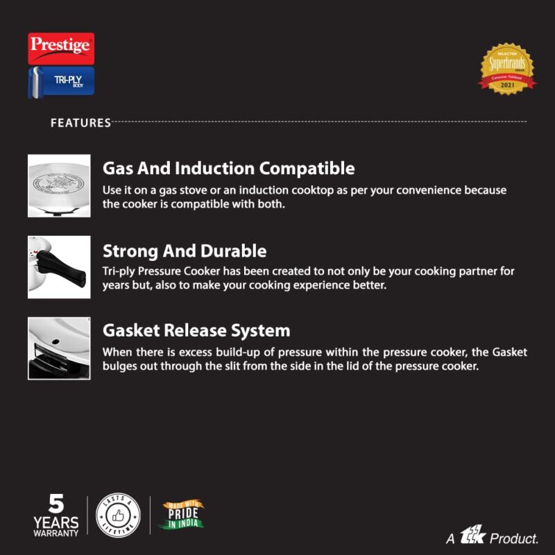 Prestige Svachh Triply Outer Lid Pressure Cooker with Unique Deep Lid for Spillage Control, 2 Litre, Silver, 304 Stainless Steel Inner Surface, Thick Gauge Aluminium, 2 Liter - Image 2