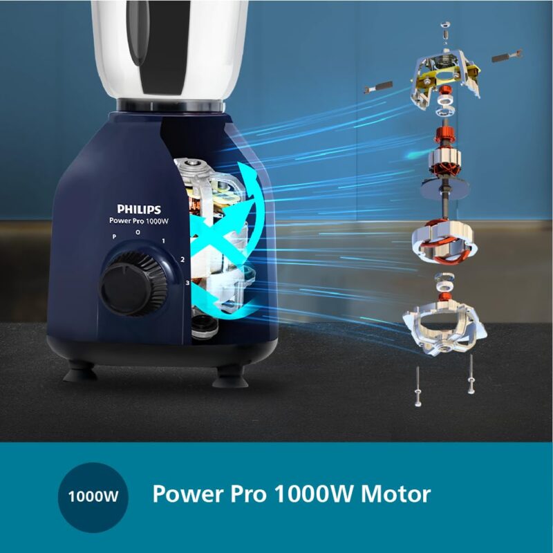 Philips HL7714/01, 1000 W PowerPro Motor Mixer Grinder, 4 Jars (Azure Blue), Edged blade made of superior SS304 material, Quick cool ventilation for longer motor life - Image 6