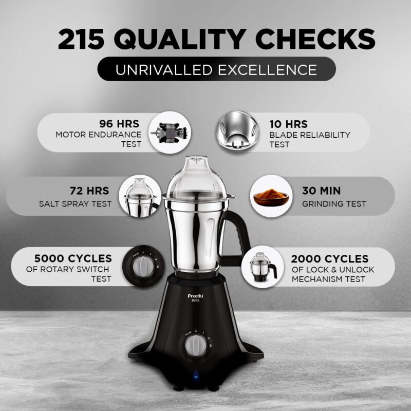 Preethi Boltz Mixer Grinder for Kitchen | 4 Jars 1000 Watts Mixie| 3 Stainless Steel Jar & 1 Blender Jar for Milkshake,Smoothie,Puree - Black (MG-288) - Image 3