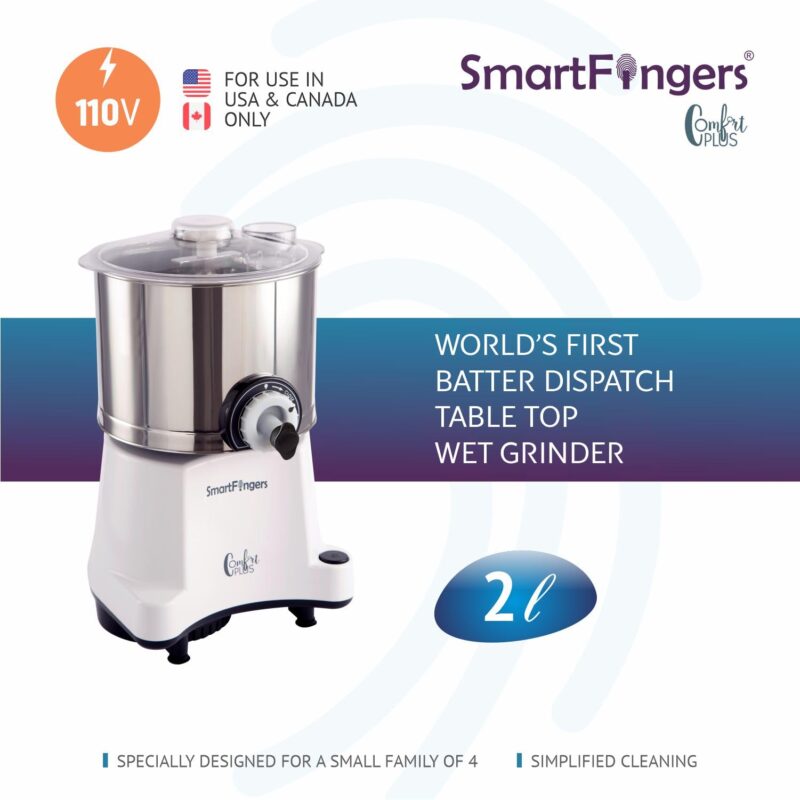 SmartFingers Stainless Steel Comfort Plus Table Top Magic Wet Grinder 110V 60Hz (2 L) For Usa Canada And Japan Only, White - Image 7