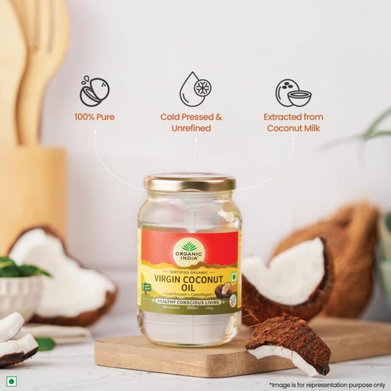 Organic India Virgin Coconut Oil, 500ml, Lab Tested on 600+ Parameters, Certified Organic, Extracted from Organically Grown Coconut Milk, Cold Pressed, Authentic Flavour, Multipurpose Oil - Image 8