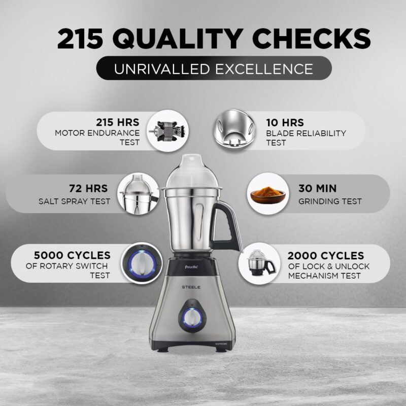 Preethi Steel Supreme Mixer Grinder for Kitchen, 750 Watt Mixie, 4 jars - Super Extractor juicer Jar, 5yr Warranty & Lifelong Free Service (MG-208) - Image 4