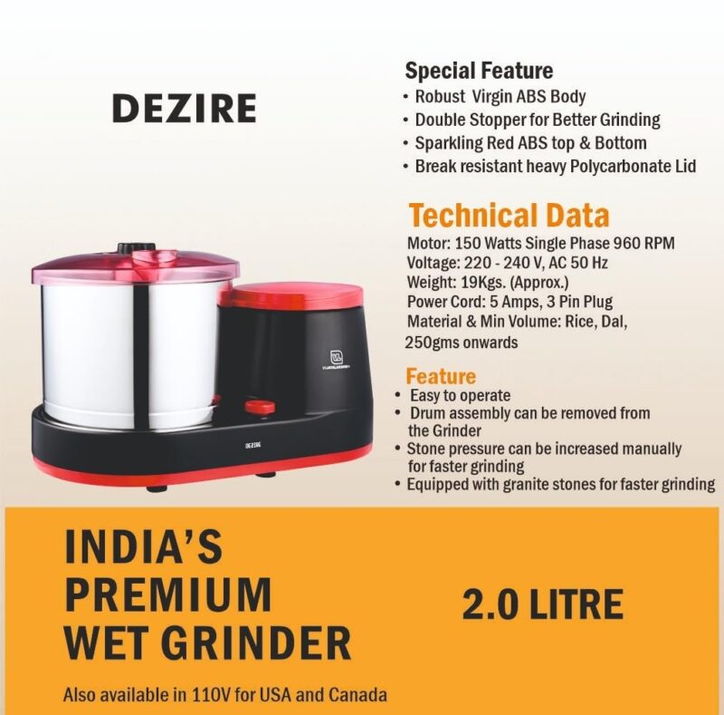 VIJAYALAKSHMI | Dezire 2 Litre | Heavy ABS Body Wet Grinder, 2L (Black & Red) | with Coconut Scrapper & Atta Kneader Attachment. - Image 5