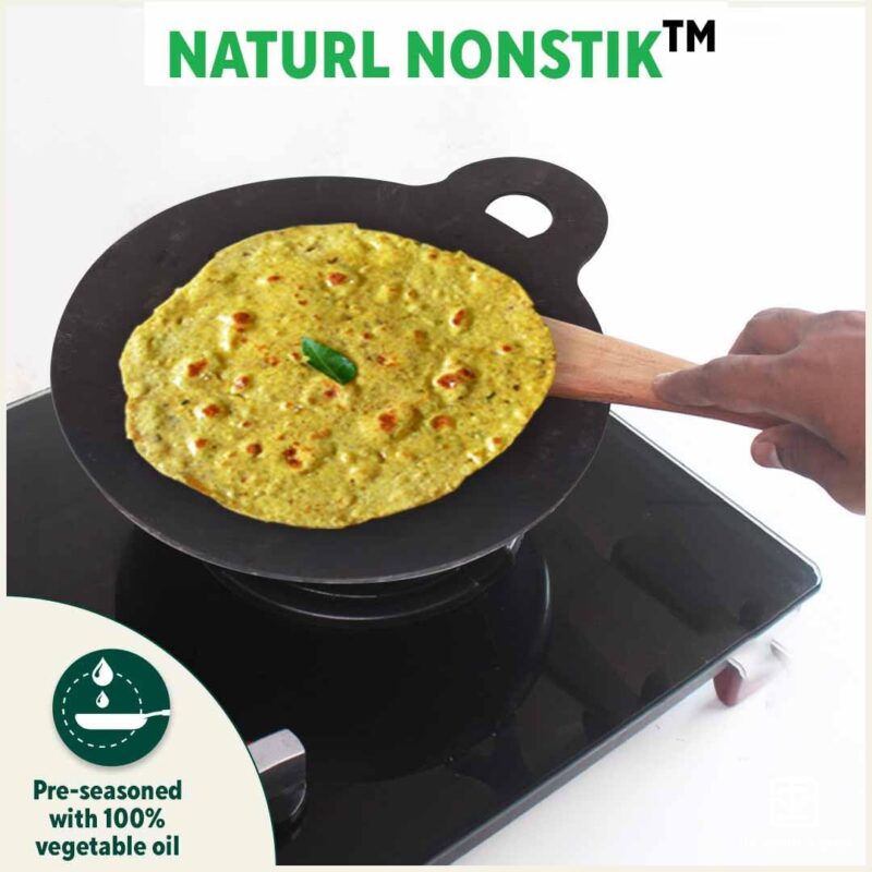 The Indus Valley Pre-Seasoned Iron Tawa with Wooden Spatula & Flip for Dosa/Chapathi | 28cm/11 inch, 1.5kg | Gas Compatible | 100% Pure & Toxin-Free, No Chemical Coating - Image 5