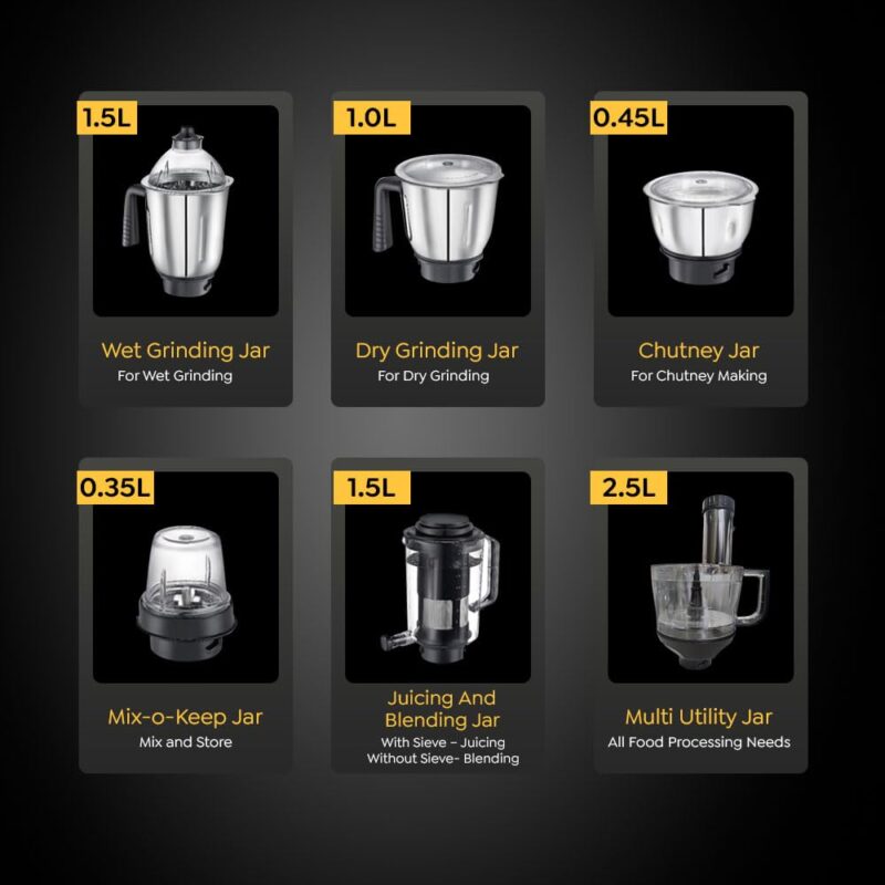 Prestige Endura Pro 1000W Multi Functional Mixer Grinder With Ball Bearing Technology|6 Jars With Food Processing Attachments |14 Different Functionalities|Black & Silver - 1000 Watts - Image 6