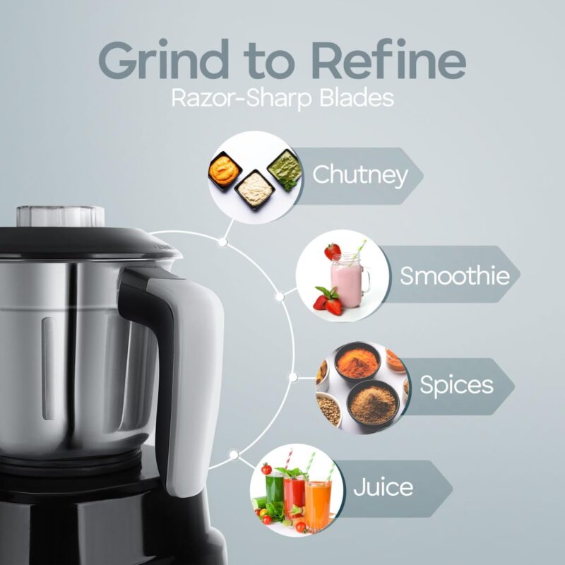 Longway Kratos 1000 Watt Juicer Mixer Grinder with Multipurpose Jars for Grinding, Mixing, Juicing with Stainless Steel Blades | 1 Year Warranty | (Black, 4 Jars) - Image 5