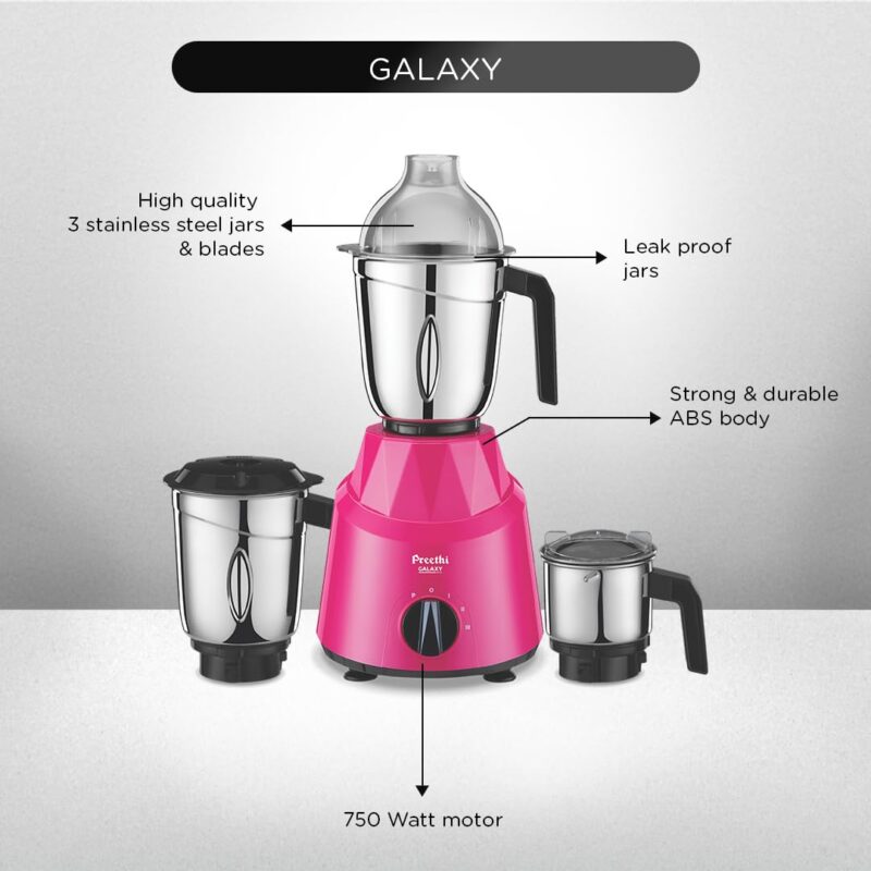 Preethi Galaxy Mixer Grinder for Kitchen| Vega W5 750 Watt Mixie, 3 Jars (Bigger jar Size) | 5yr Motor Warranty & Lifelong Free Service |Pink (MG225), Plastic - Image 4