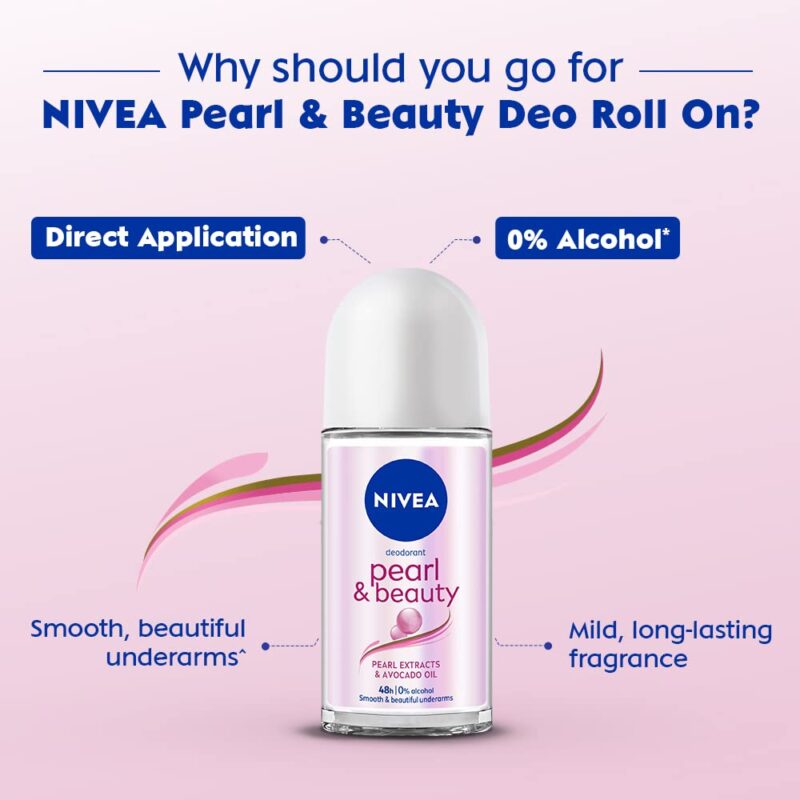 NIVEA Pearl and Beauty 50ml Deo Roll On | With Pearl Extracts & Avocado Oil| 72 H Smooth & Beautiful Underarms | 0% Alcohol | For Women - Image 8