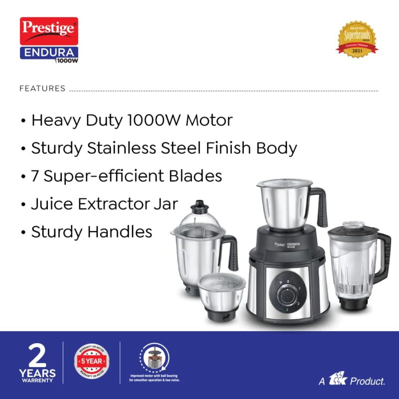 Prestige Endura 1000W Mixer Grinder with Ball Bearing Technology(Stainless Steel 4 Jars, Black & Silver) - Image 7