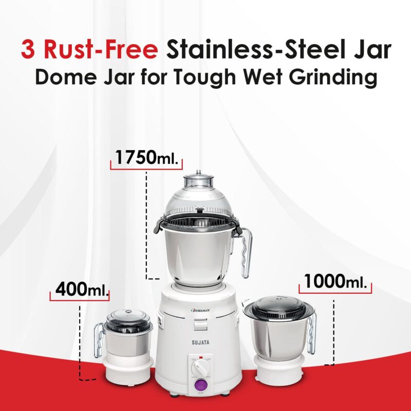 Sujata Dynamix 900 Watts Mixer Grinder | 22000 Rotations Per Min | 90 Minutes Continuous Running | 3 Versatile Jars 1500 ml, 1000 ml and 400 ml - Image 3