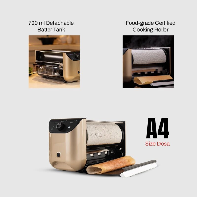 EVOCHEF EC Flip Automatic Dosa Maker, 1-Minute Dosas, 360° Food Grade Coated Roller, Easy Cooking Time & Thickness Control, Touch Controls, Compact & Portable, 1600W, 1 Year Warranty, White - Image 4