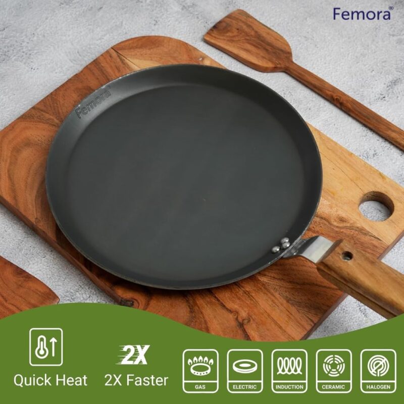 Femora 12 inchs Iron Flat Tawa with Wooden Handle, Tawa for Roti, Gas, Pack of 1. - Image 7