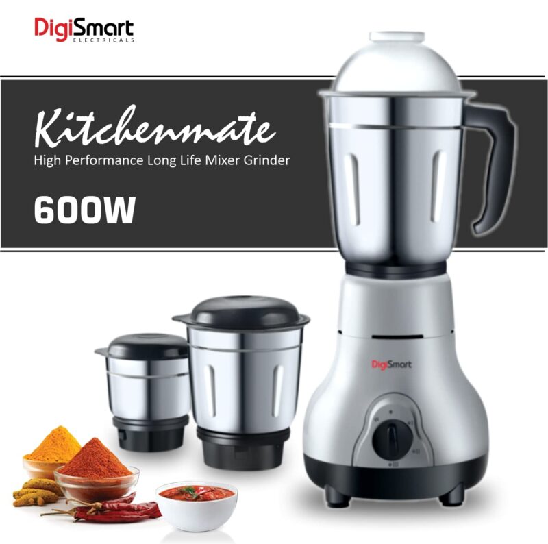 DigiSmart Kitchen Mate 600 Watt Mixer Grinder Gray and Black | 3 Jar | Comes With 2 Year Warranty - Image 8