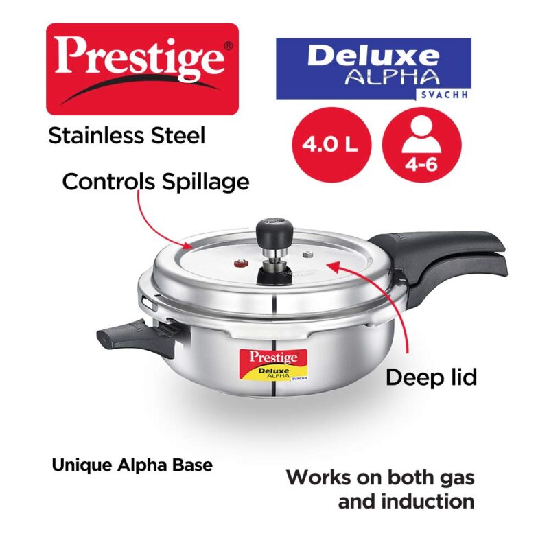 Prestige 4L Svachh Deluxe Alpha Senior Pressure Pan stainless steel|Outer lid|Ideal for 4-6 persons|Deep lid for spillage control|Gas & induction compatible|Silver|10 years warranty - Image 5
