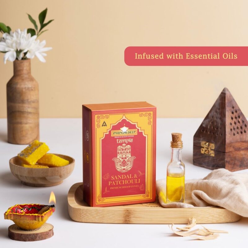 Mangaldeep Temple Premium Bambooless Dhoop Cones - Sandal & Patchouli - Ceramic Stand Inside - Charcoal Free (40 Cones) - Image 8