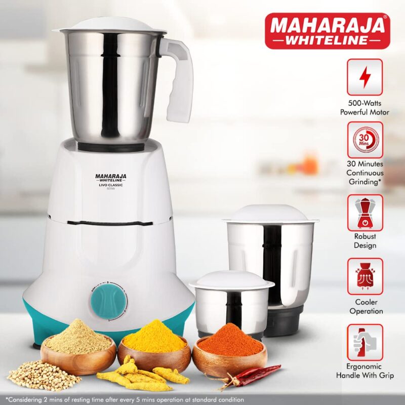 Maharaja Whiteline Livo Classic Mixer Grinder, 500W -MX-250 (Blue & White) - Image 5