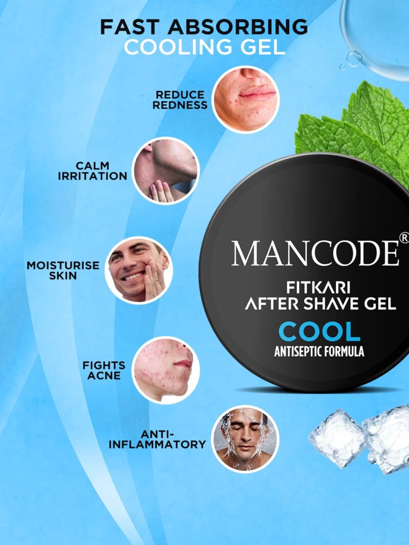 Mancode Fitkari After Shave Gel Cool for Men | Post Shave Gel | Treats Aftershave Cuts; Wounds; Razor Burn | Skin Irritation | Refreshing Aqua Fragrance | Alcohol Free After Shave 100gm (Pack of 1) - Image 7