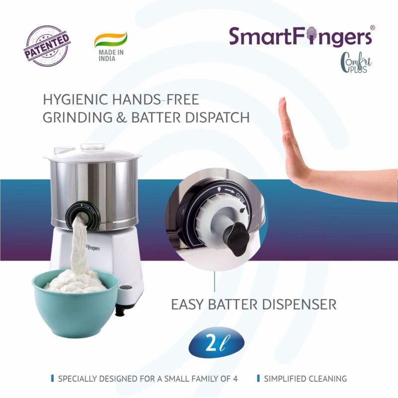 SmartFingers Comfort Plus Table Top magic Wet Grinder 230V 50hz, 2 Liter, White, 2 Stone - Image 7