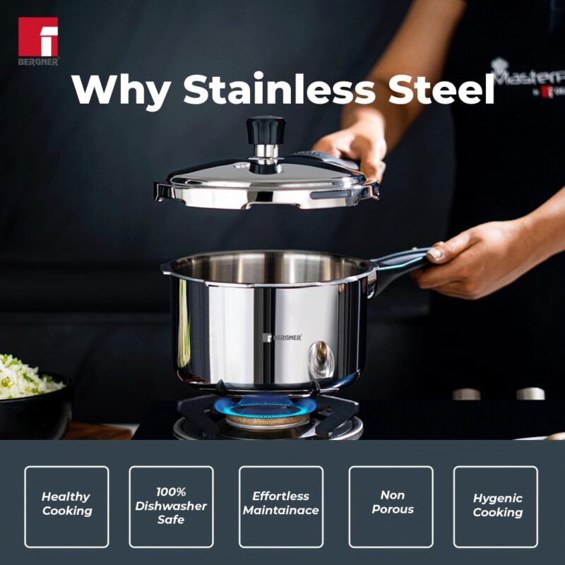 Bergner Sorrento Stainless Steel 2 Litres Outer Lid Pressure Cooker, 2 L Cooker with Outer Lid and Triply Base, Heavy Bottom, Easy Open and Close, Healthy Cooking, Induction Bottom and Gas Stove Ready - Image 7