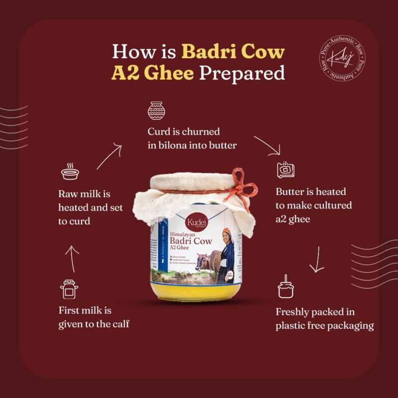 Kudej Himalayan Desi Badri Cow Pure A2 Ghee from Uttrakhand - 100% Bilona Churned Premium Cultured Ghee, Made using Ancient Vedic Processes, 250ML Glass Bottle with Sustainable Packaging - Image 3