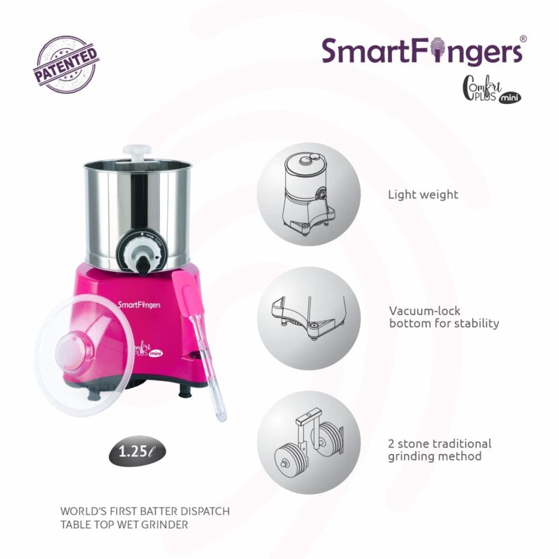SmartFingers Comfort Plus Mini Table Top Wet Grinder 230V 50hz, 1.25 Liter, Pink - Image 3