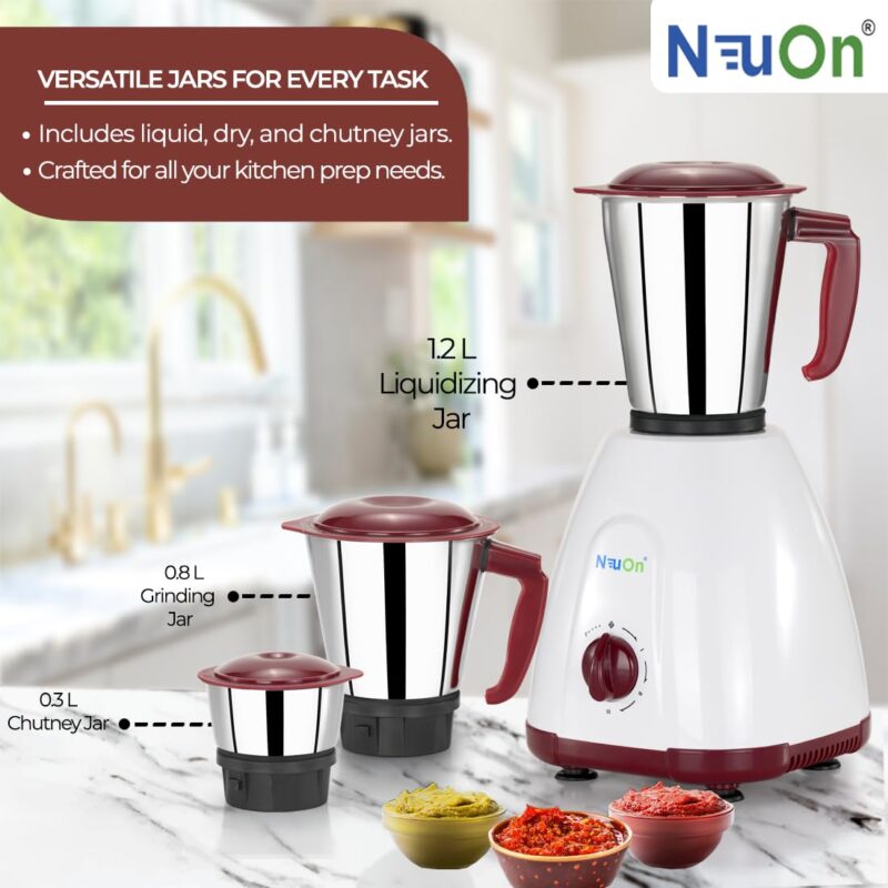 neuon Elite 500 Watt Mixer grinder for Kitchen with 3 Jars Countertop Blender with 3 Speed Levels Stainless Steel Blade Multipurpose Grinding Wet & Dry Masala Chutney and Smoothie - Image 3