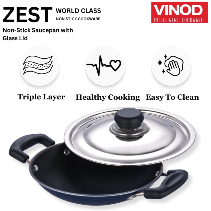 Vinod Zest Non Stick Appachetty with Lid - 20 cm| Appam Pan | 3 mm Extra Thick | 3 Layer Coating | Metal Spoon Friendly | Bakelite Handle | Gas Base | 1 Year Warranty - Blue - Image 10