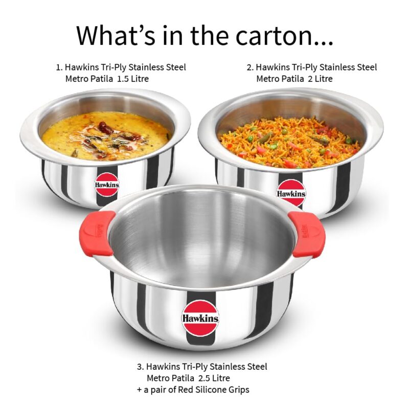 Hawkins Kitchen Gift Pack 2023 (23SGP) 3 Pieces Set of 1.5 Litre, 2 Litre and 2.5 Litre Triply Stainless Steel Patila, Tope, Bhagona, Tapeli, Saucepans Silver - Image 2